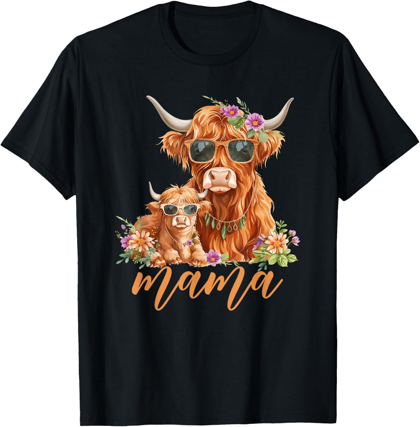 Cute Mama Highland Cow With Baby Calf Boho Floral Mommy Cow T-Shirt - T-Shirt | Black