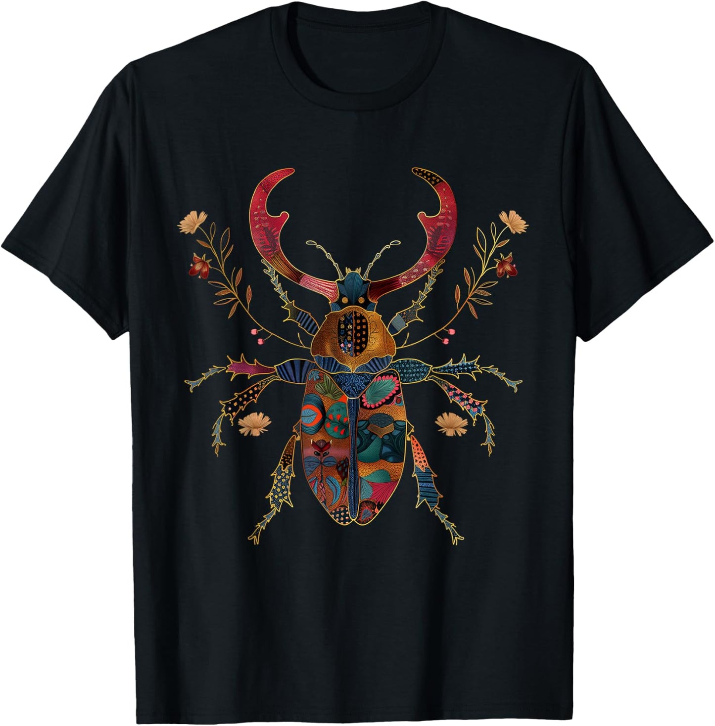 Deer Beetle Flowers Insects Beetle Tattoo Entomology T-Shirt - T-Shirt | Black