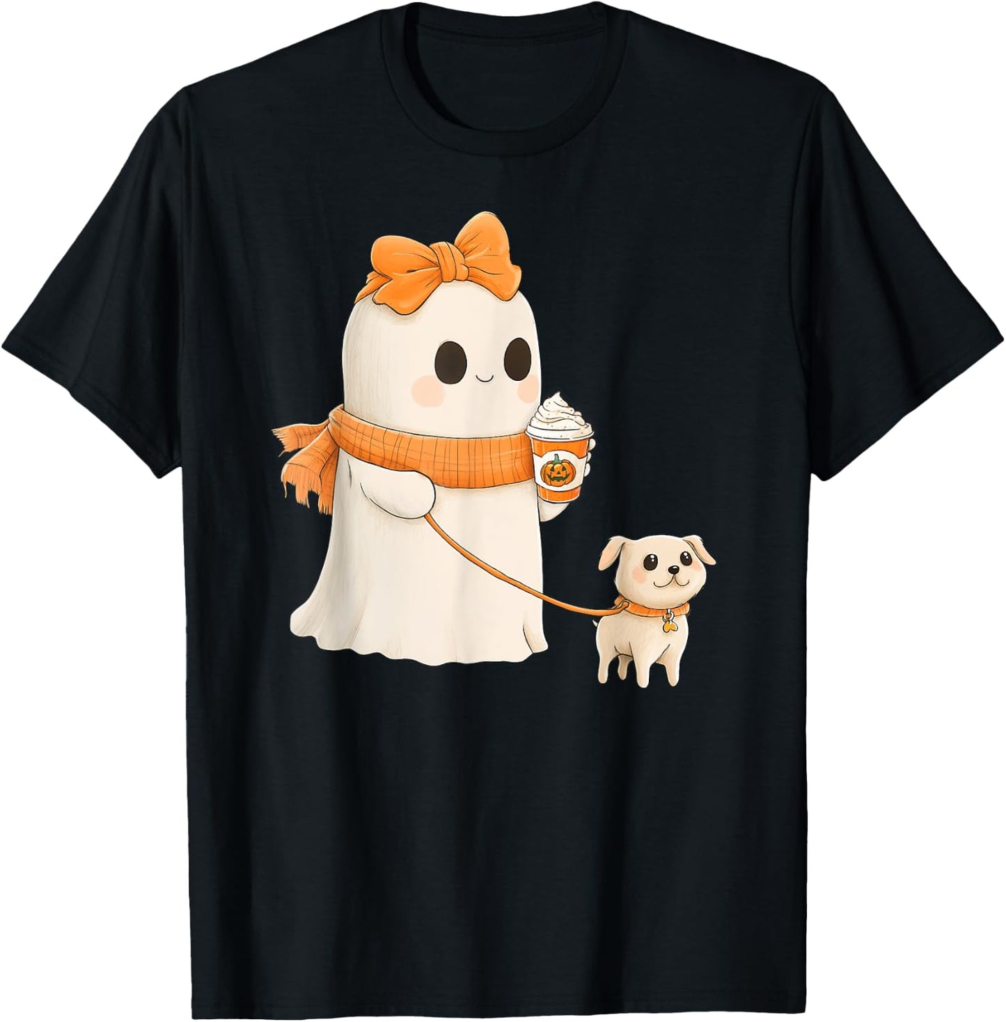 Cute Ghost Walking Dog Coquette Bow Halloween Dog Lover Girl T-Shirt - T-Shirt | Black
