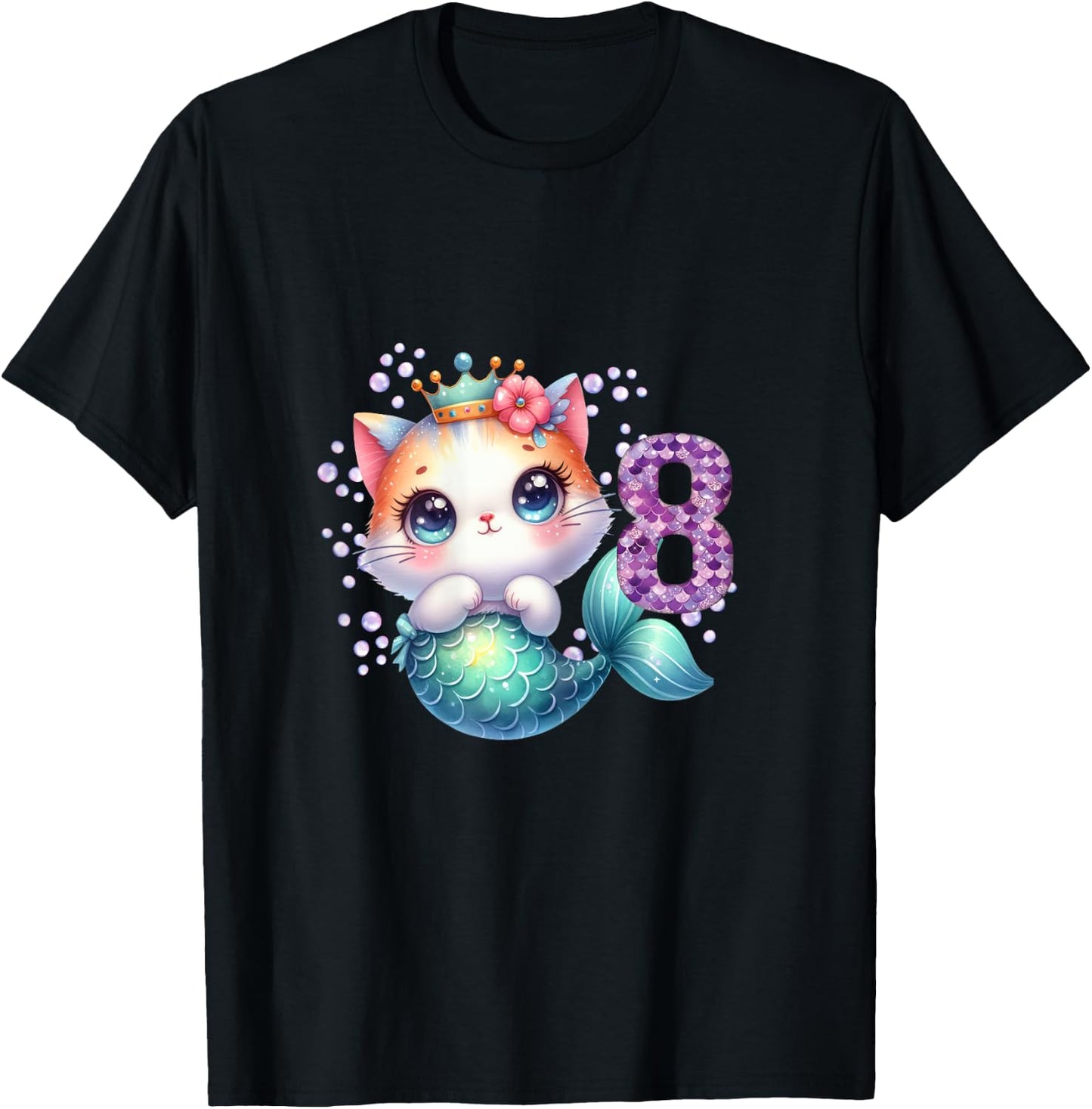 Cat Mermaid 8th Birthday 8 Year Old Party Girls Outfit T-Shirt - T-Shirt | Black