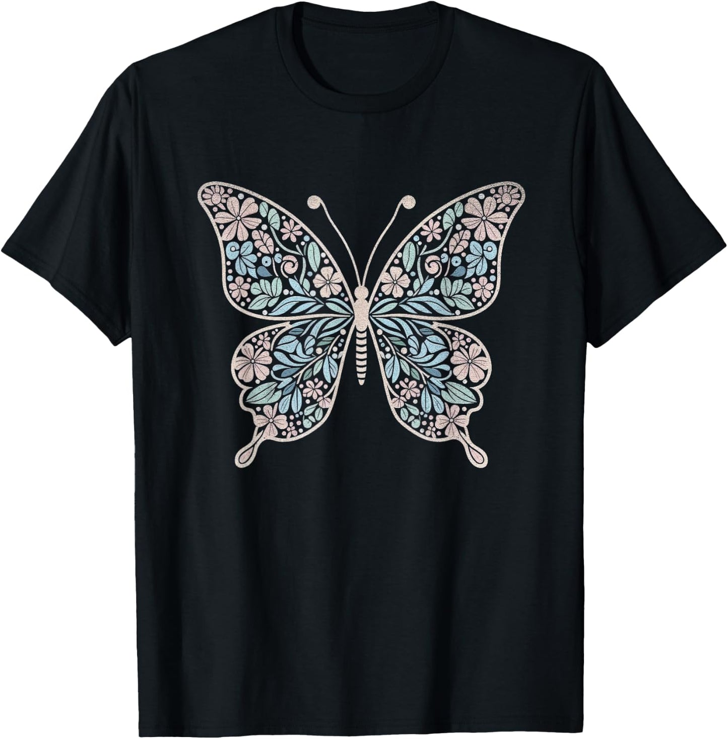 Flower Butterfly with Floral Graphic and Girls T-Shirt - T-Shirt | Black