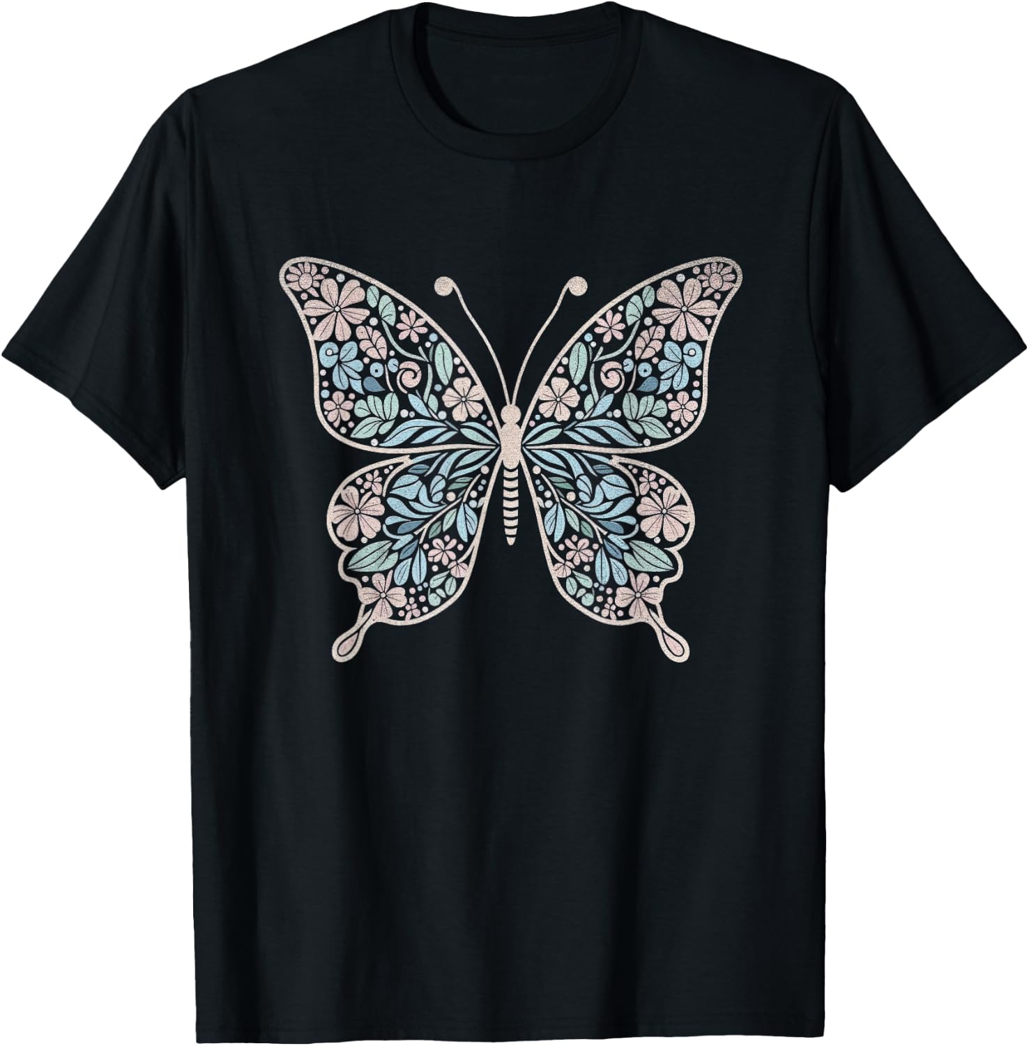 Flower Butterfly with Floral Graphic and Girls T-Shirt - T-Shirt | Black