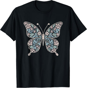 Flower Butterfly with Floral Graphic and Girls T-Shirt - T-Shirt | Black