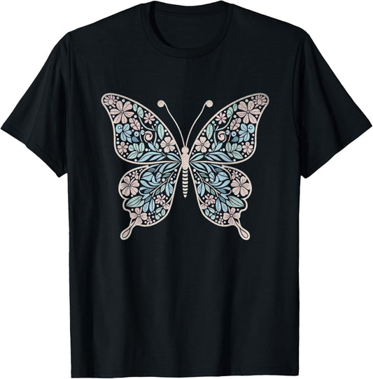 Flower Butterfly with Floral Graphic and Girls T-Shirt - T-Shirt | Black
