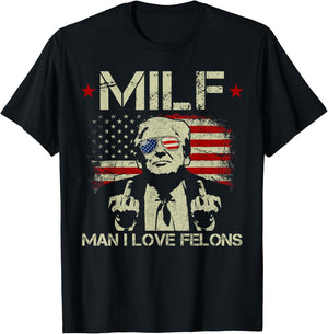Funny M.I.L.F Man I Love Felons Gun American Flag T-Shirt - T-Shirt | Black