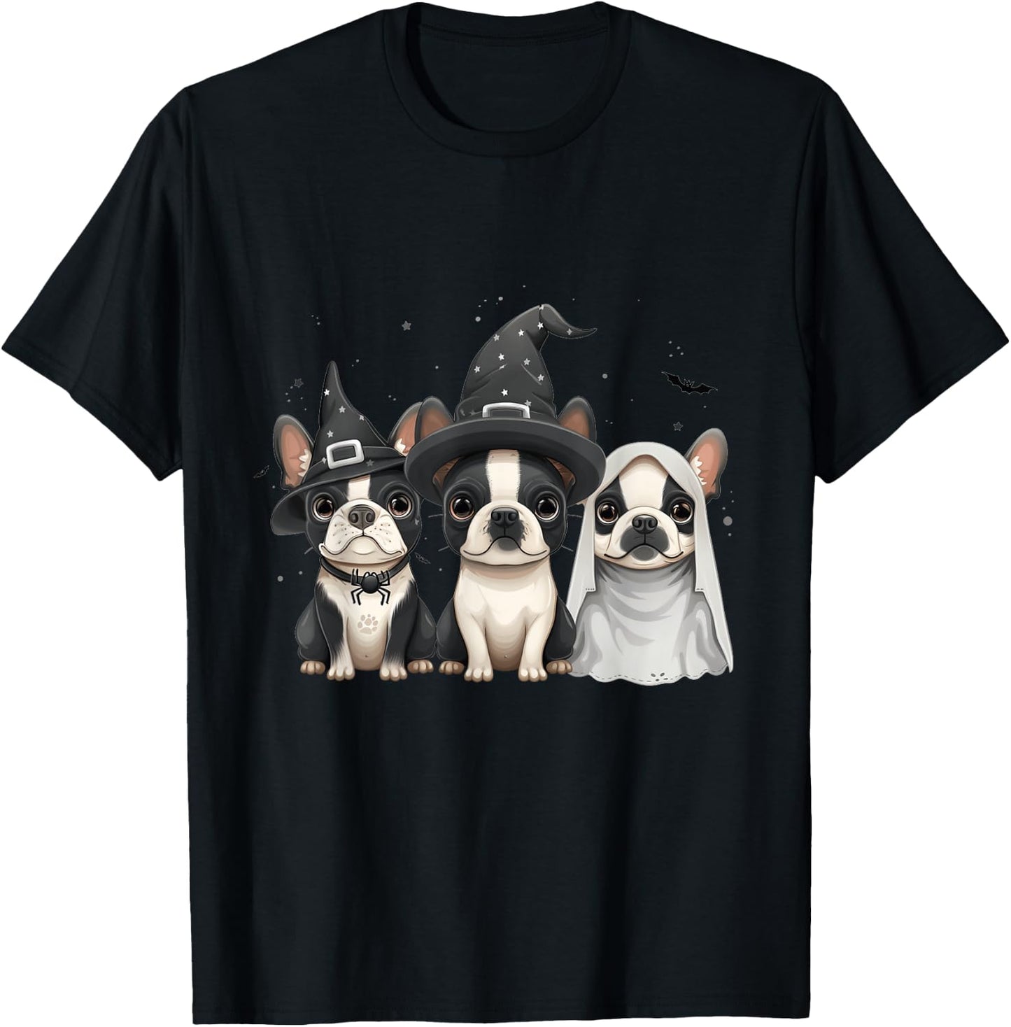 Cute Halloween Boston Terrier Dogs Witch Hat Ghost Dog Women Kids T-Shirt - T-Shirt | Black