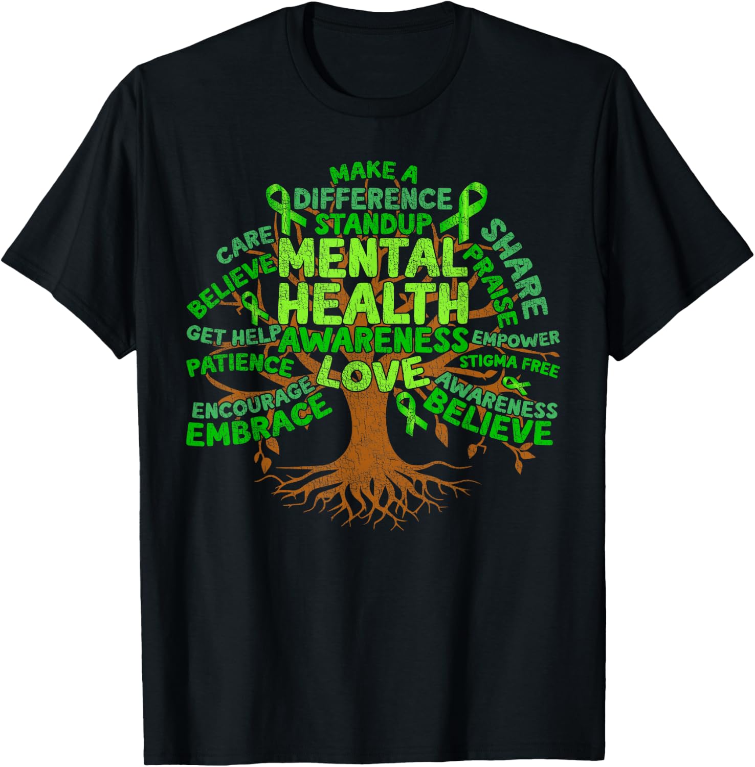 Motivational Support Green Tree Mental Health Awareness T-Shirt - T-Shirt | Black