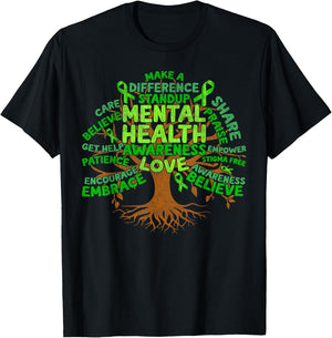 Motivational Support Green Tree Mental Health Awareness T-Shirt - T-Shirt | Black