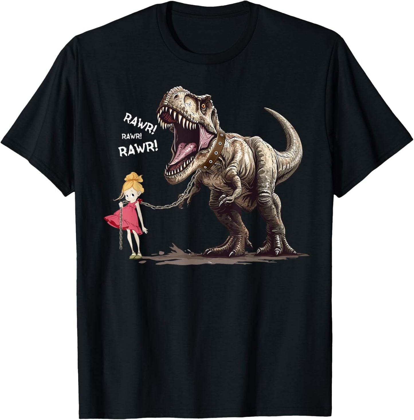 Cute T-Rex Dinosaur Pet on a Leach led by a Girl T-Shirt - T-Shirt | Black