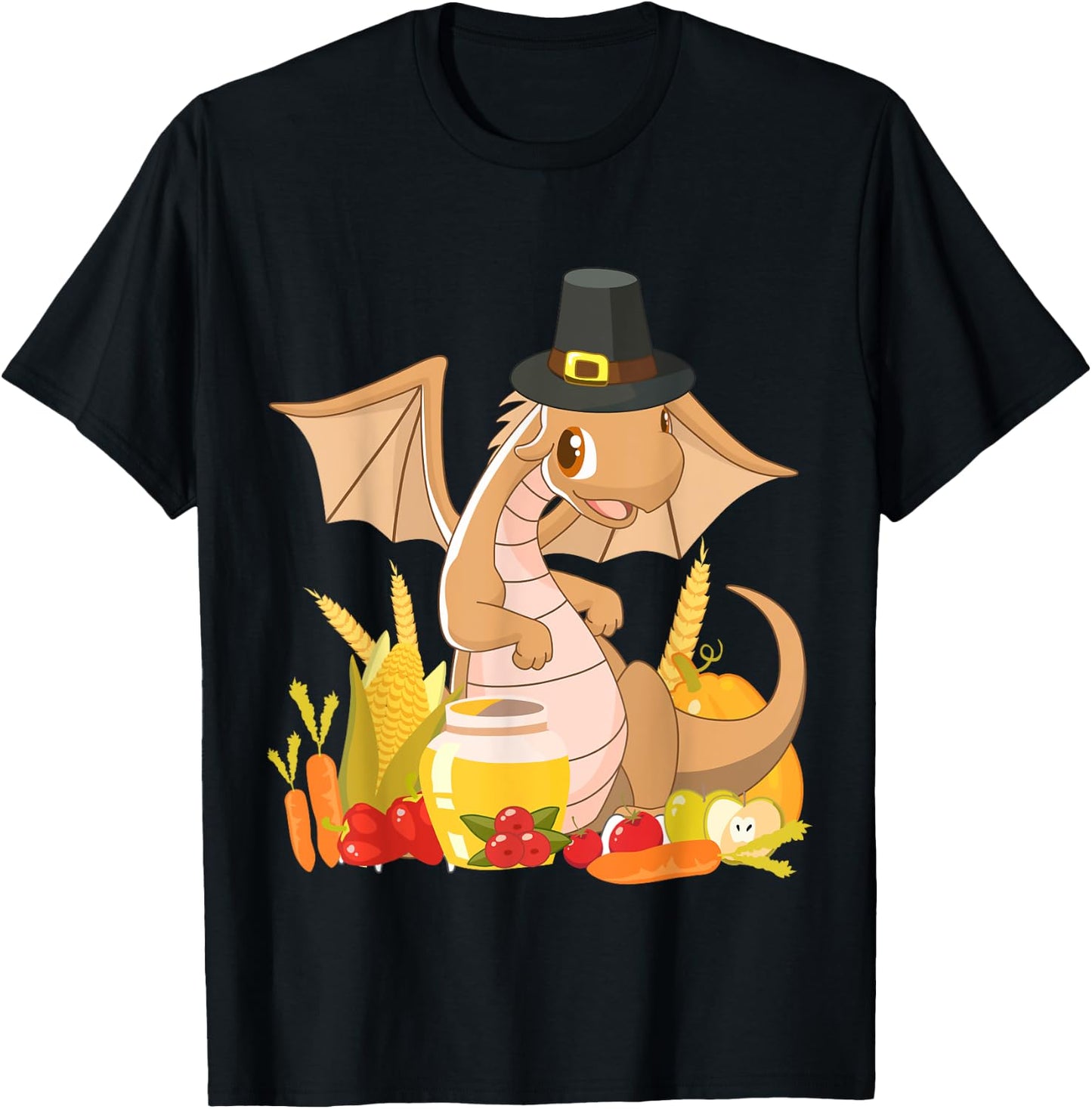 Cute Dragon Pilgrim - Happy Thanksgiving Holiday Autumn T-Shirt - T-Shirt | Black
