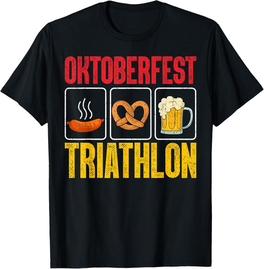 Oktoberfest Triathlon Funny Bavarian Wurst Pretzel Running T-Shirt - T-Shirt | Black