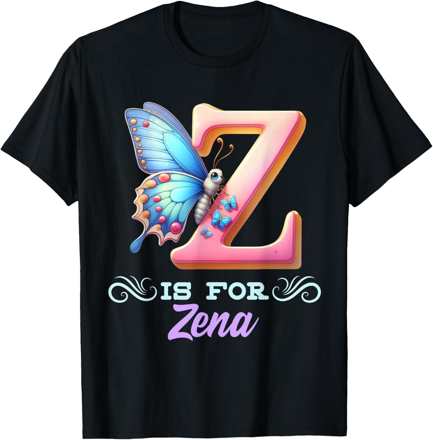 Z Is For Zena Girly Butterfly And Flower Initial Name T-Shirt - T-Shirt | Black