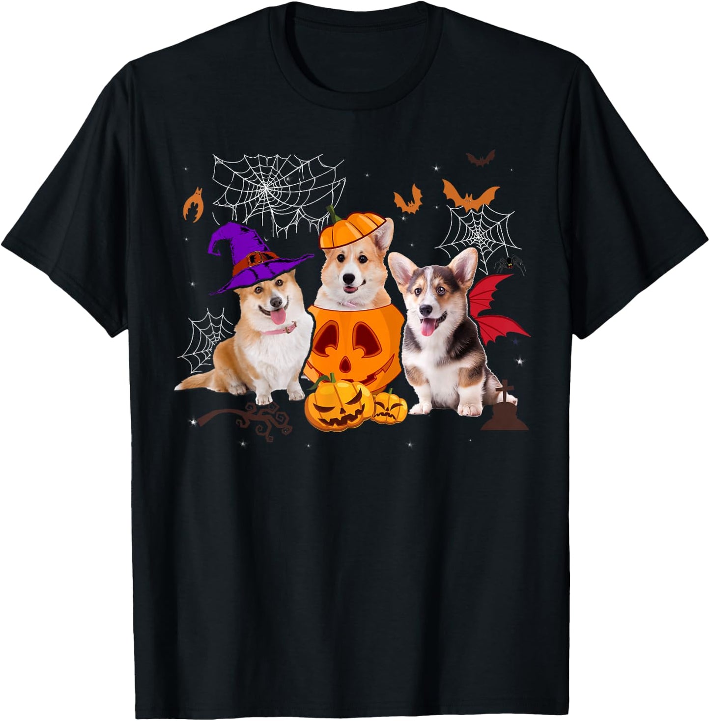 Funny Pumpkin Witch Corgi Matching Dog Halloween Gifts Men Women Kids T-Shirt - T-Shirt | Black