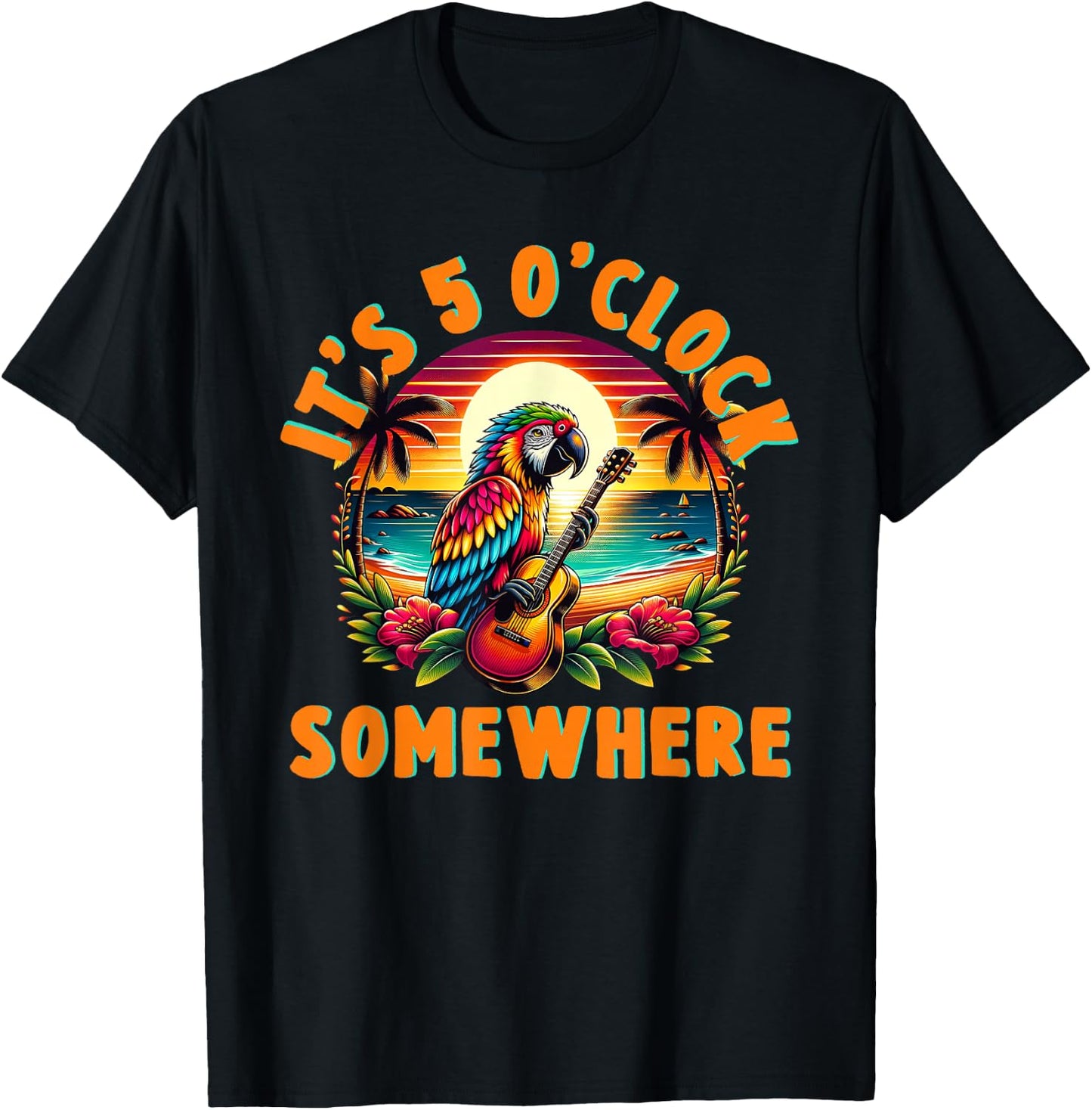 It's 5 O'clock Somewhere Funny Summer Beach Vacation Parrot T-Shirt - T-Shirt | Black
