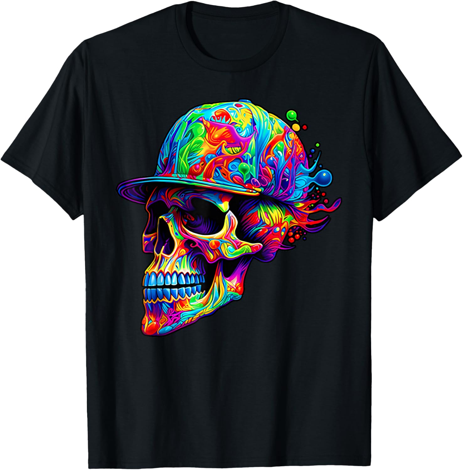 Colorful Skull With Hat Paint Skeleton Men Women Boys T-Shirt - T-Shirt | Black