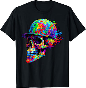 Colorful Skull With Hat Paint Skeleton Men Women Boys T-Shirt - T-Shirt | Black