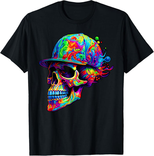 Colorful Skull With Hat Paint Skeleton Men Women Boys T-Shirt - T-Shirt | Black