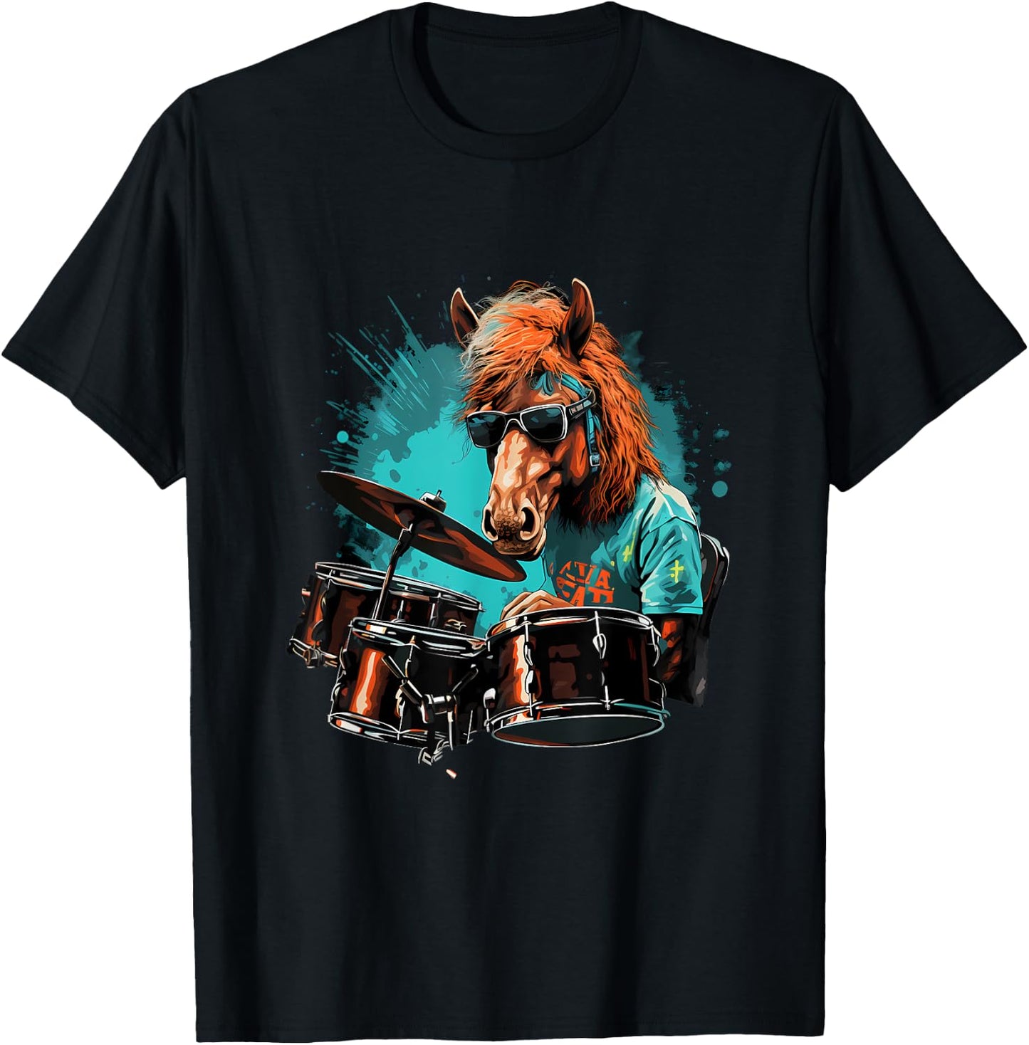 Horse Playing Drums - Animal Horse Lover Drum set T-Shirt - T-Shirt | Black