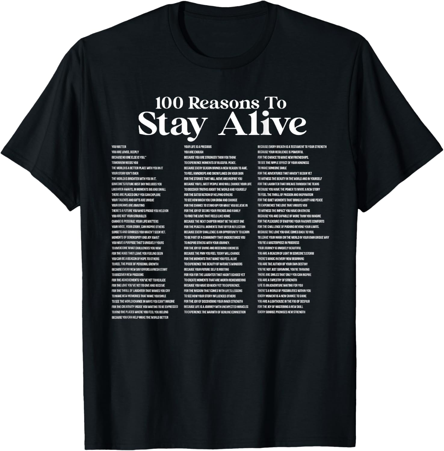 100 Reasons To Stay Alive Suicide Prevention 988 Positive T-Shirt - T-Shirt | Black