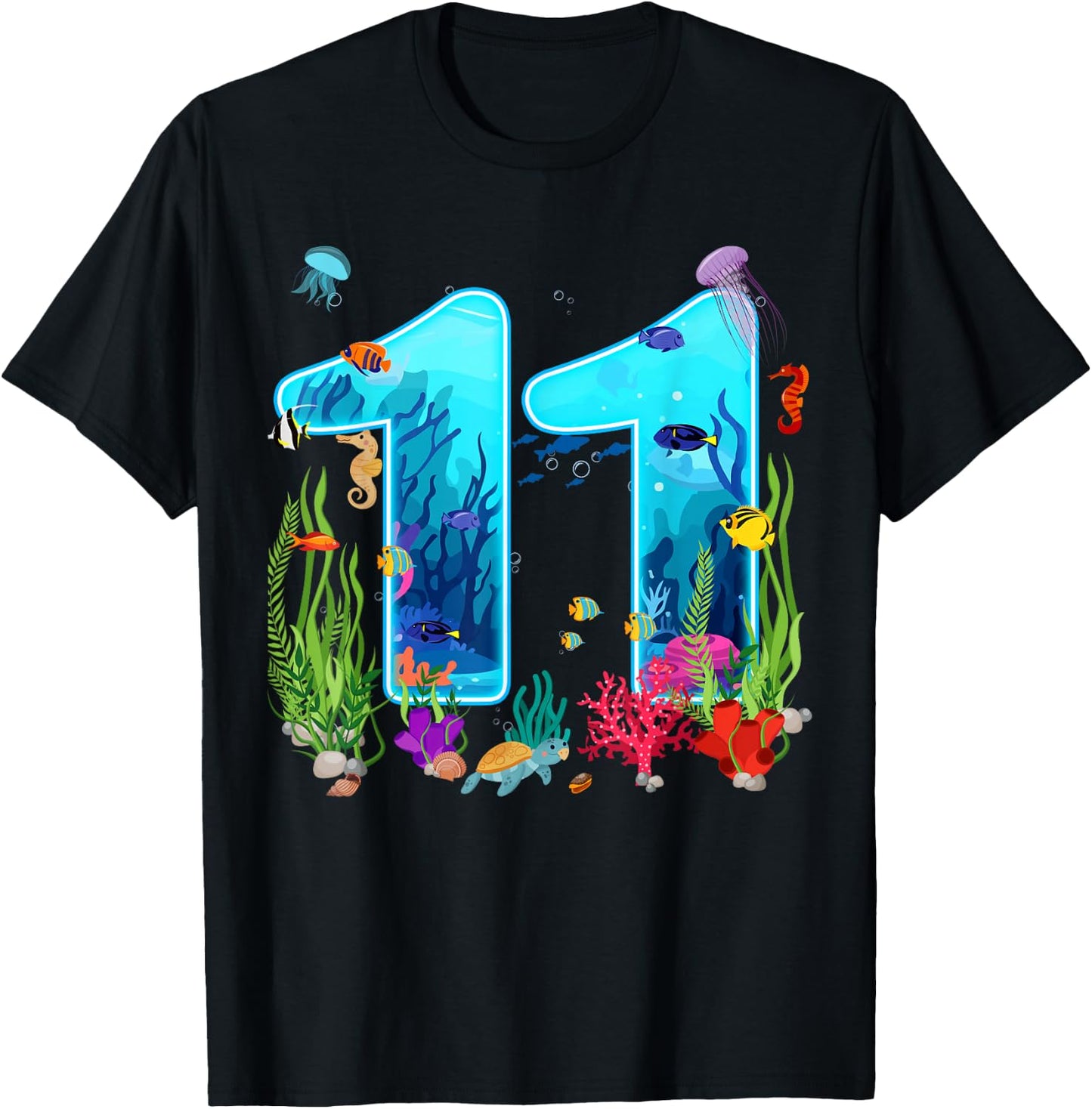 Cute 11 Ocean Sea Animal 11th Bday Party 11 Years Old T-Shirt - T-Shirt | Black