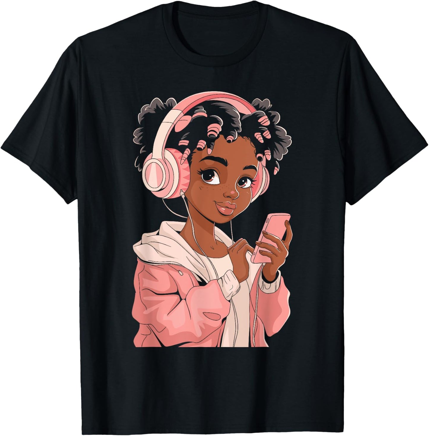 Afro Anime Black Girl with Headphones Kpop Art T-Shirt - T-Shirt | Black