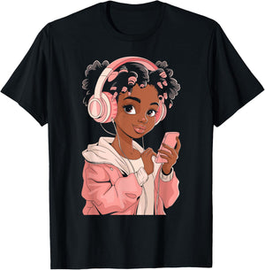 Afro Anime Black Girl with Headphones Kpop Art T-Shirt - T-Shirt | Black