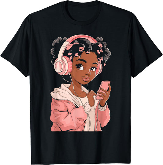 Afro Anime Black Girl with Headphones Kpop Art T-Shirt - T-Shirt | Black