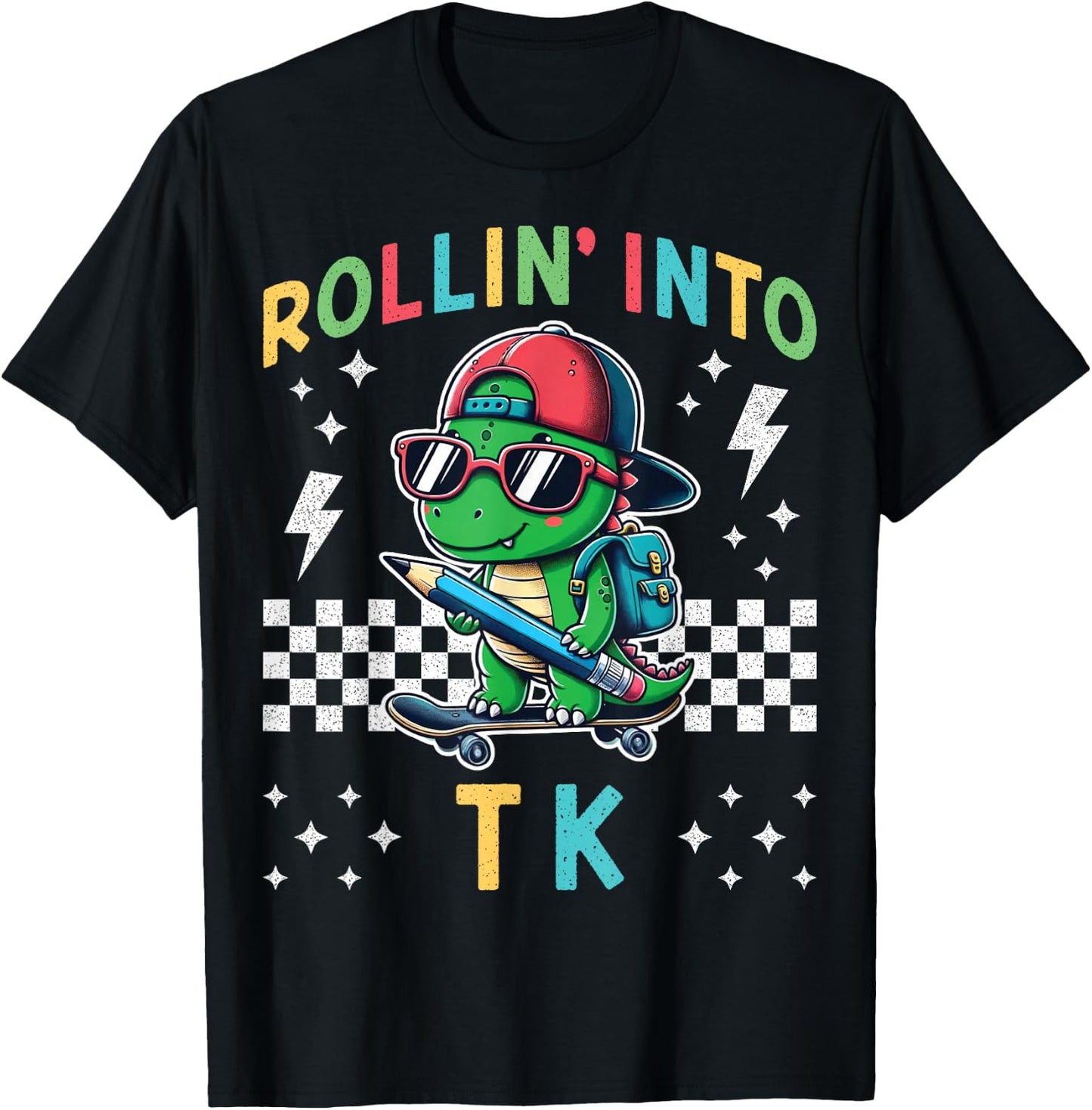 Rollin Into TK Dinosaur Skateboard Back to School Kid Funny T-Shirt - T-Shirt | Black