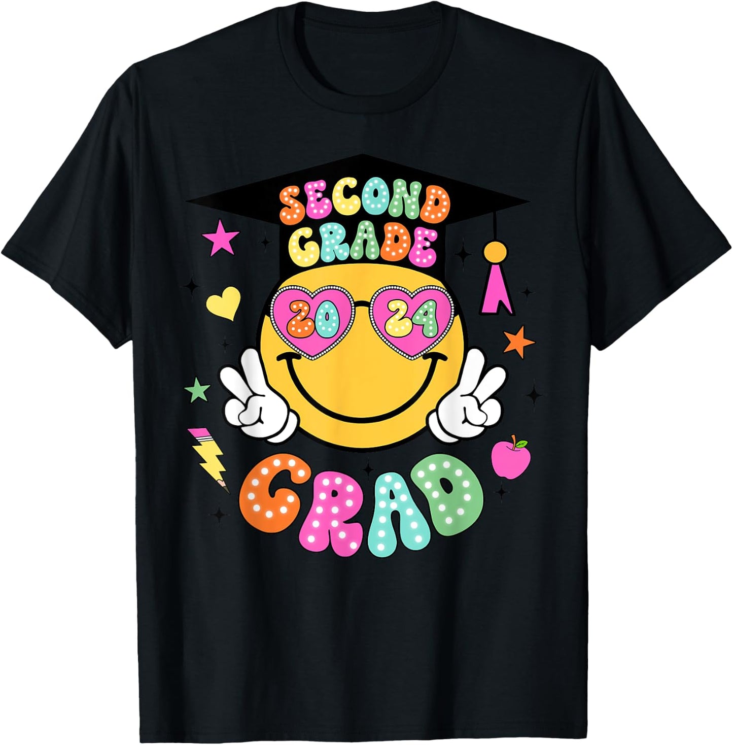 Groovy 2nd Grade Graduate Happy Face Graduation 2024 Grad T-Shirt - T-Shirt | Black
