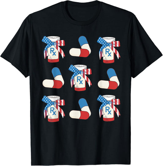 American Flag Bows Pills Pharmacy Pharmacist Squad 4th July Men T-Shirt - T-Shirt | Black
