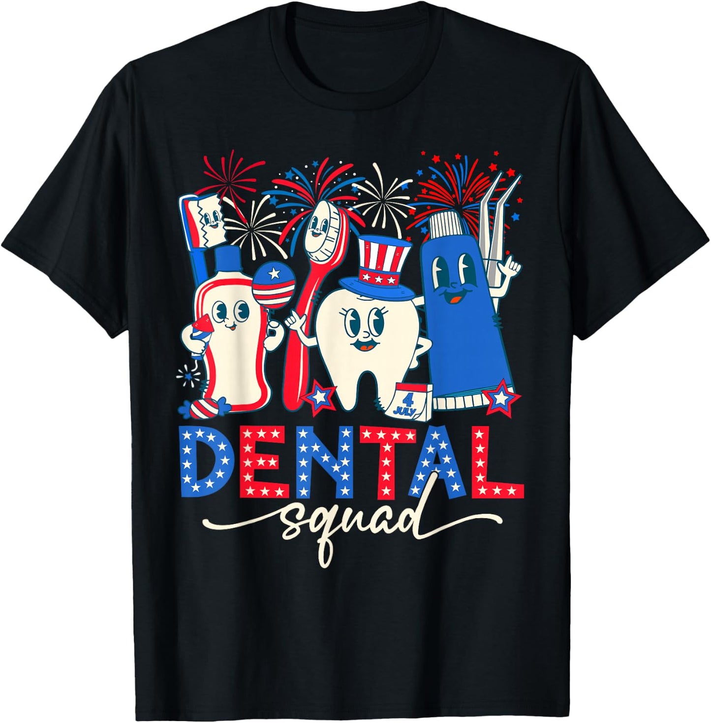 Funny Teeth Dental Squad Dentist Happy 4th of July 2024 T-Shirt - T-Shirt | Black