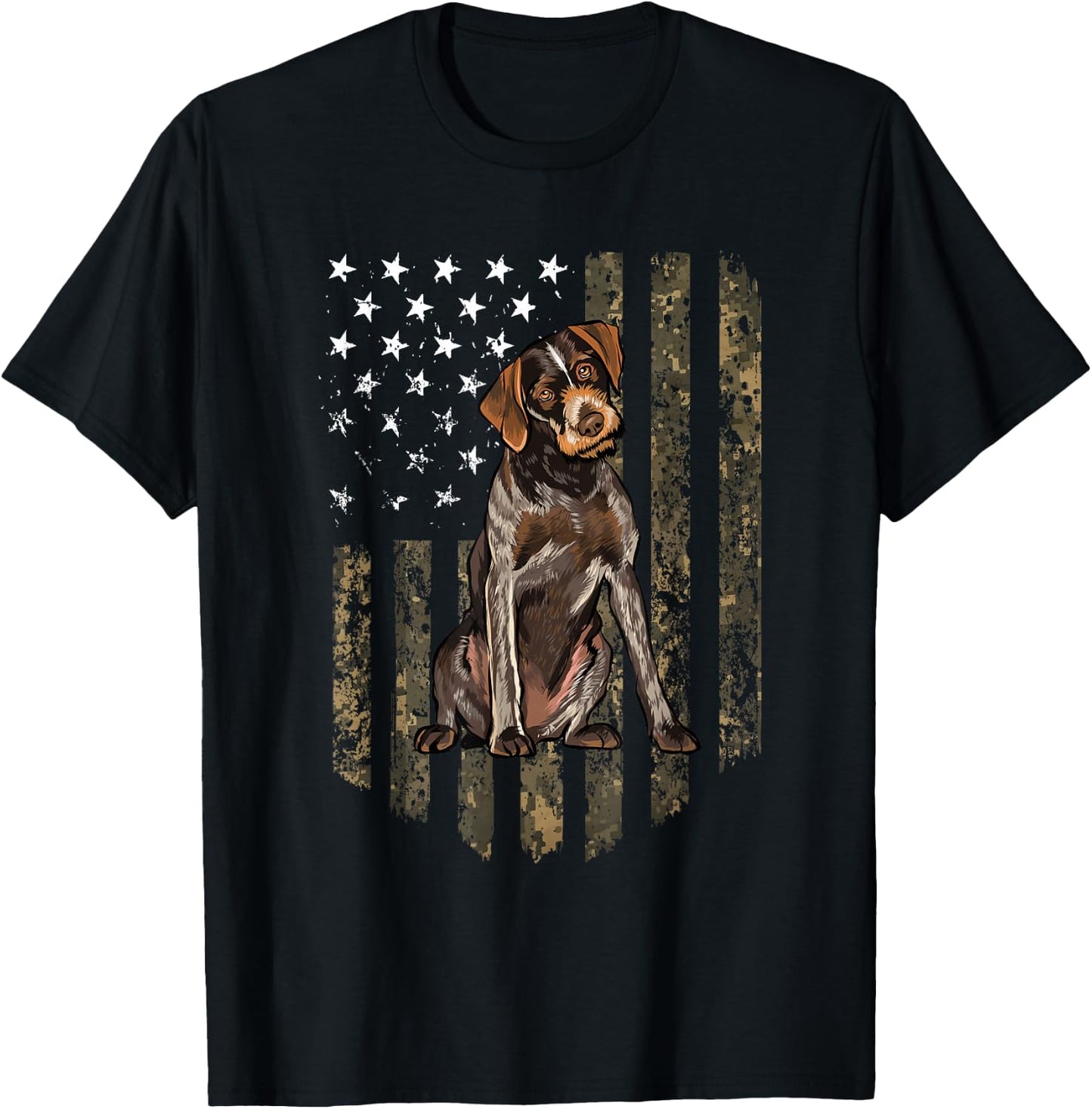 Camo American Flag German Wirehaired Pointer 4th of July USA T-Shirt - T-Shirt | Black