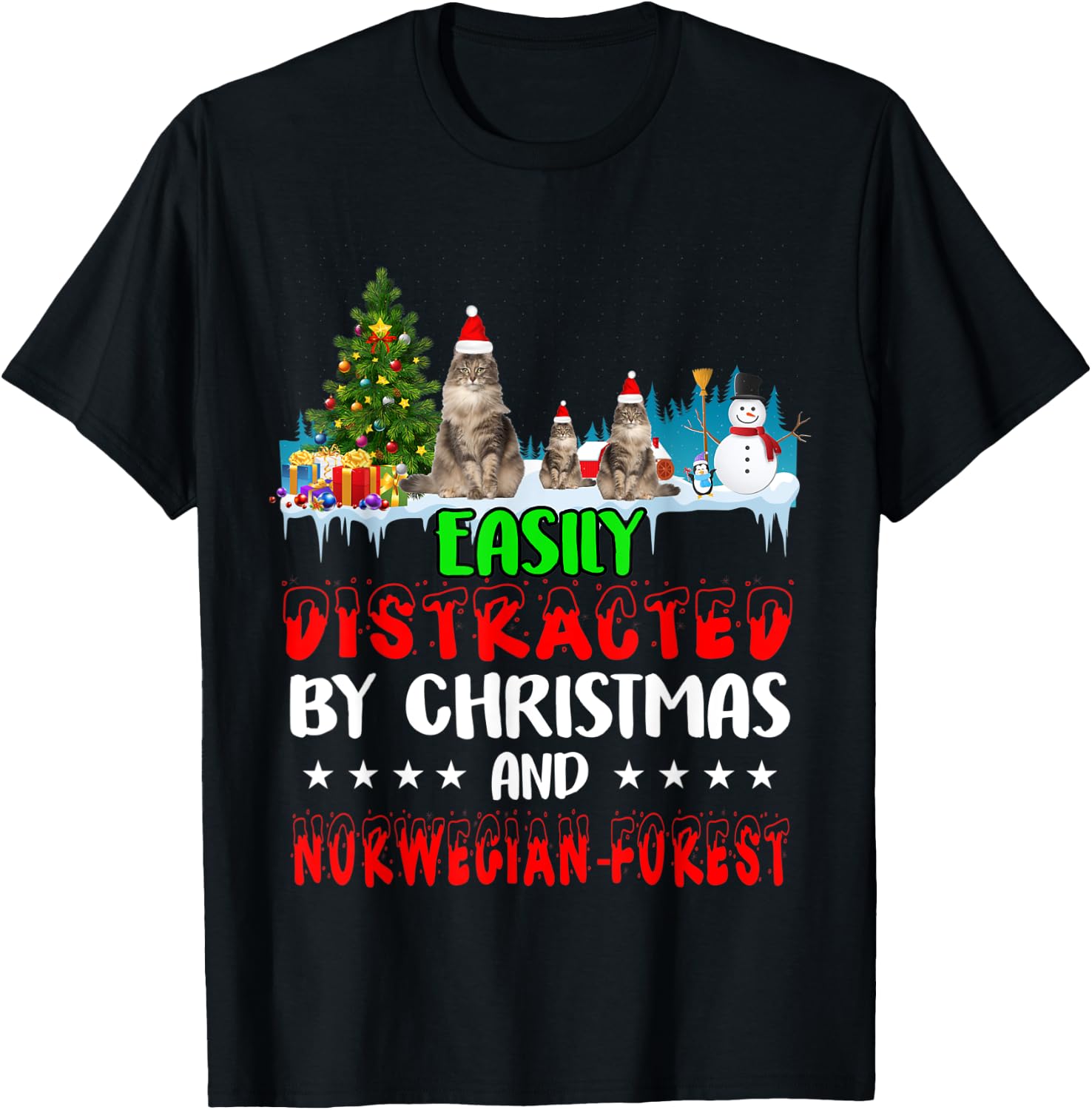 Easily Distracted by Christmas Norwegian Forest Cat on Snow T-Shirt - T-Shirt | Black