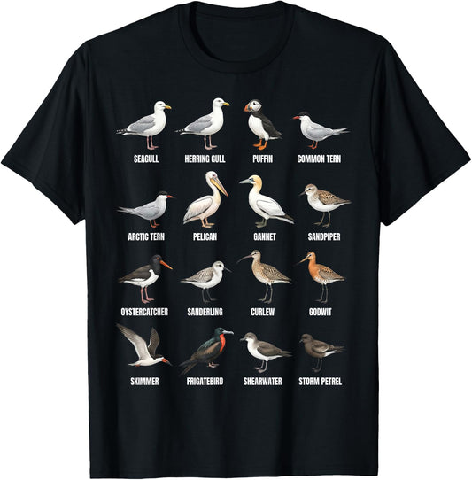 Types of Shorebirds & Seabirds – Coastal Bird Species Chart T-Shirt - T-Shirt | Black