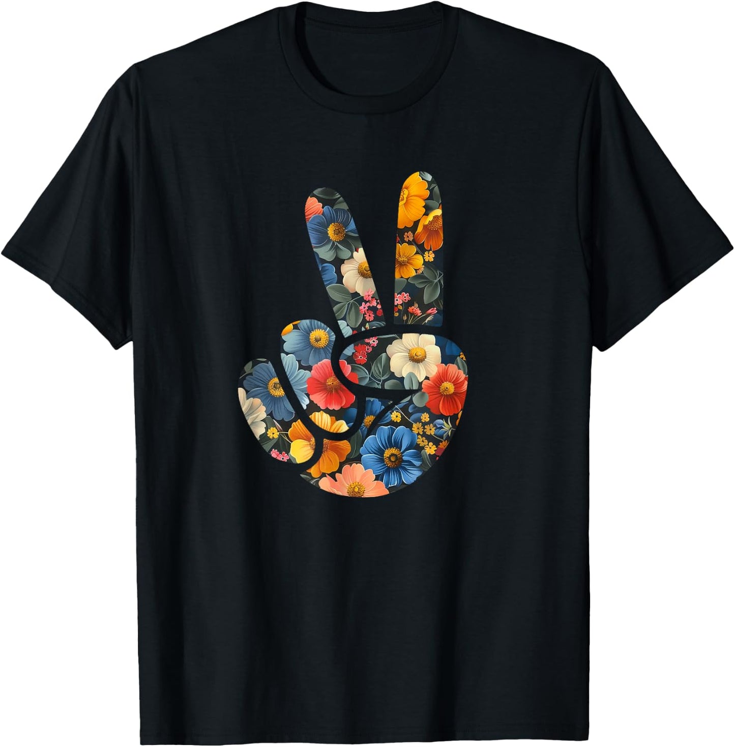 Elegant Silhouette Wildflowers Floral Peace Sign Hand T-Shirt - T-Shirt | Black