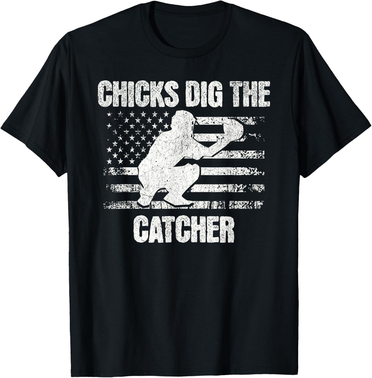 Funny Baseball Chicks Dig The Catcher USA Flag Women Men T-Shirt - T-Shirt | Black