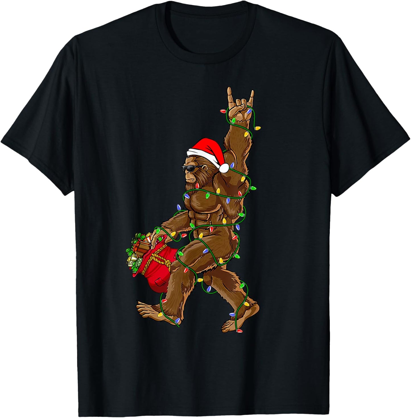 Santa Bigfoot Christmas Lights Rock Funny Sasquatch Believe T-Shirt - T-Shirt | Black