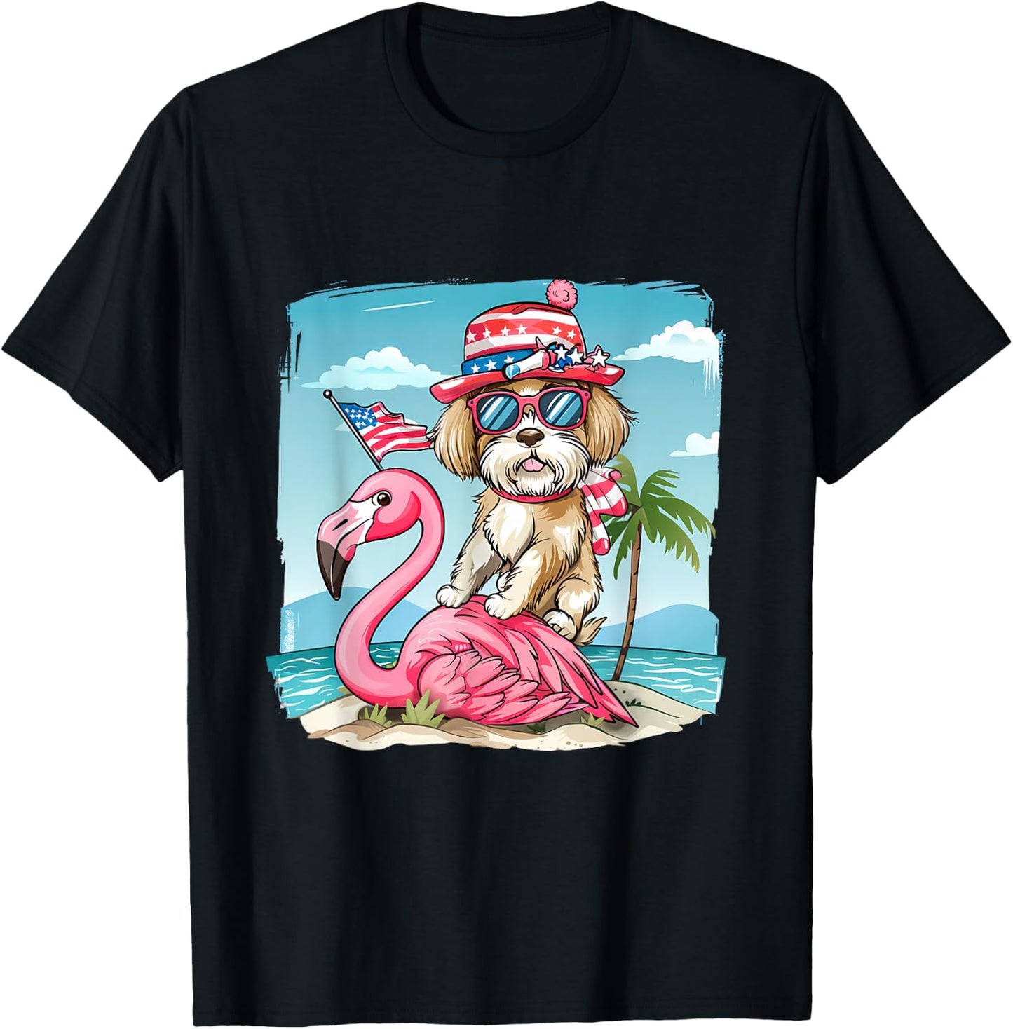 Fourth Of July Flamingo Dog USA American Flag 4th Of July T-Shirt - T-Shirt | Black