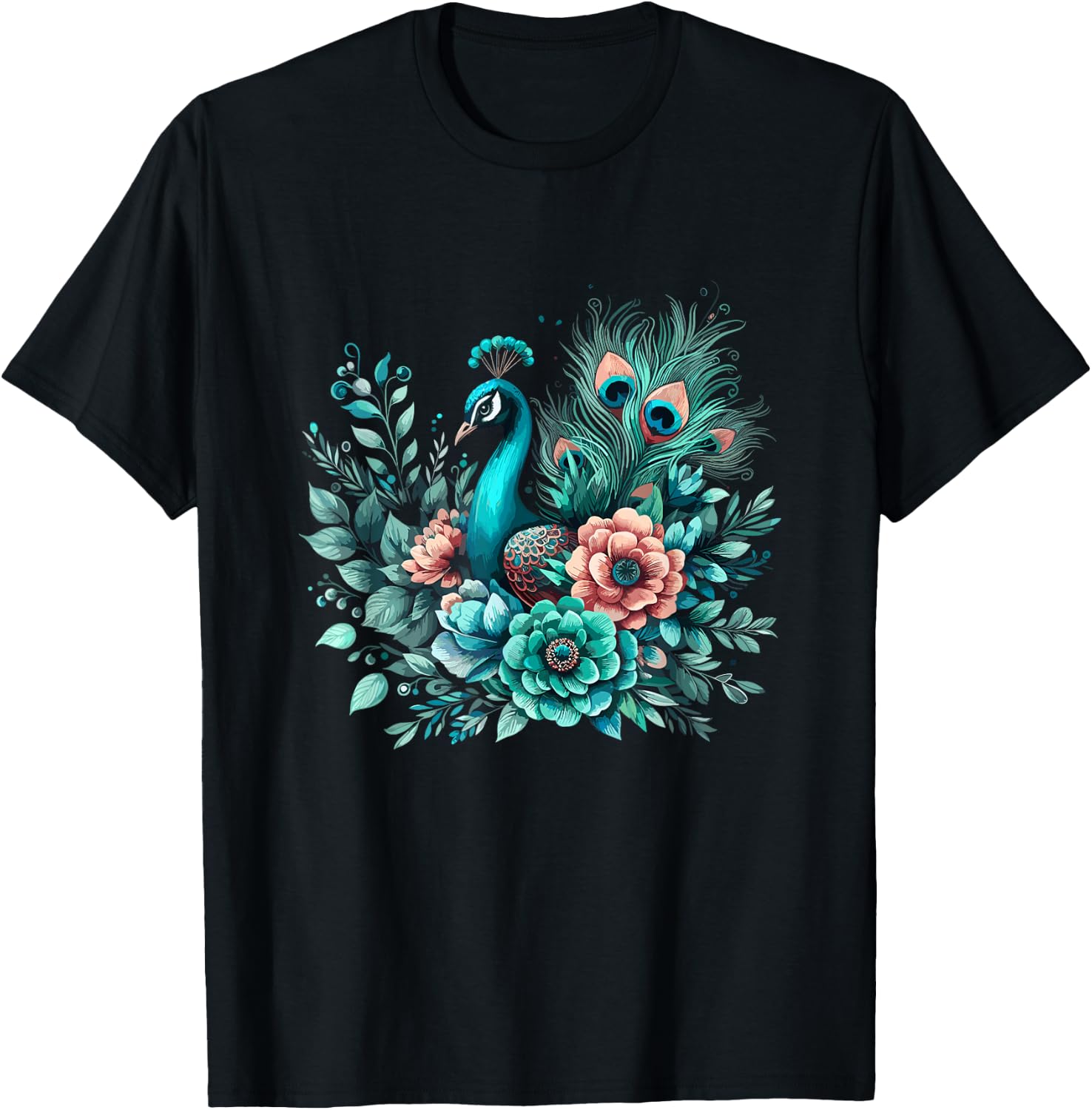 Beautiful Floral Flower Teal Feathers Peacock T-Shirt - T-Shirt | Black