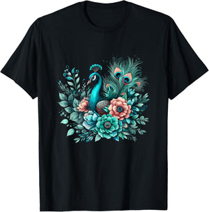 Beautiful Floral Flower Teal Feathers Peacock T-Shirt - T-Shirt | Black