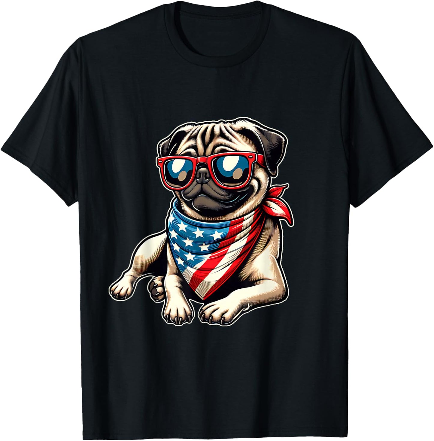 Pug with Bandana Sunglasses 4th of July US Dog American Flag T-Shirt - T-Shirt | Black