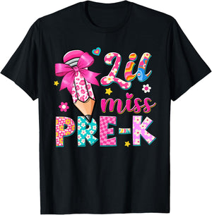 Pencil Bow Lil Miss Pre-K Pre-K Funny Back To School T-Shirt - T-Shirt | Black