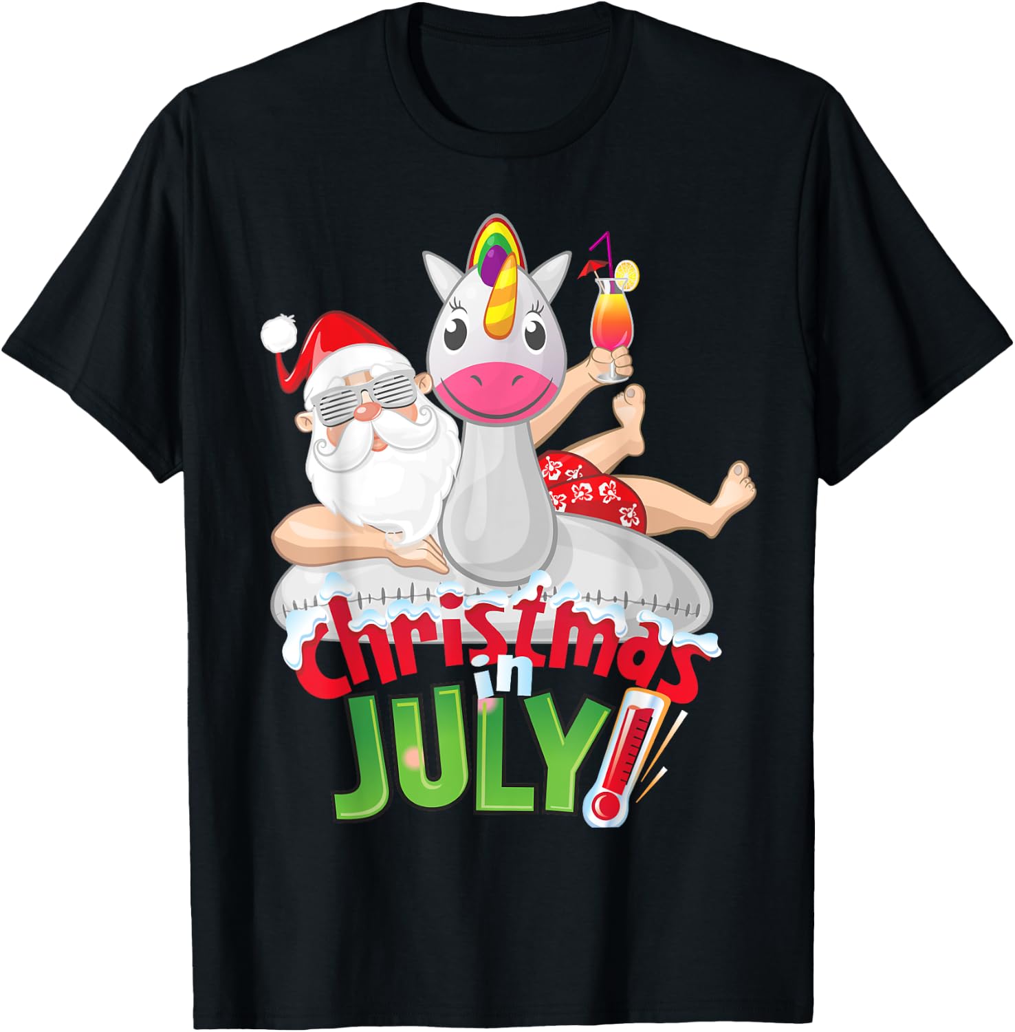 Funny Christmas in July Shirt Summer Unicorn Float Xmas Women Kids T-Shirt - T-Shirt | Black