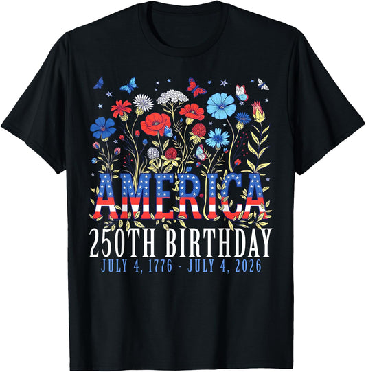 Floral 250 Years America Anniversary USA 250th Birthday T-Shirt - T-Shirt | Black
