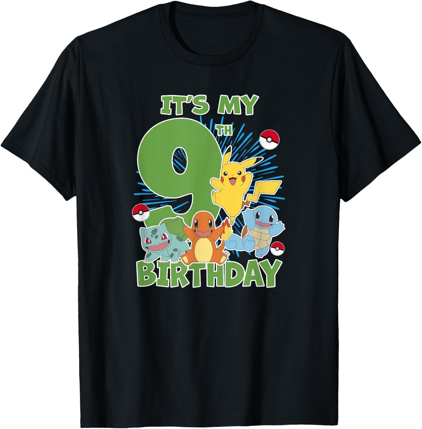 Pokémon It's My 9th Birthday Kanto Starters Celebration T-Shirt - T-Shirt | Black