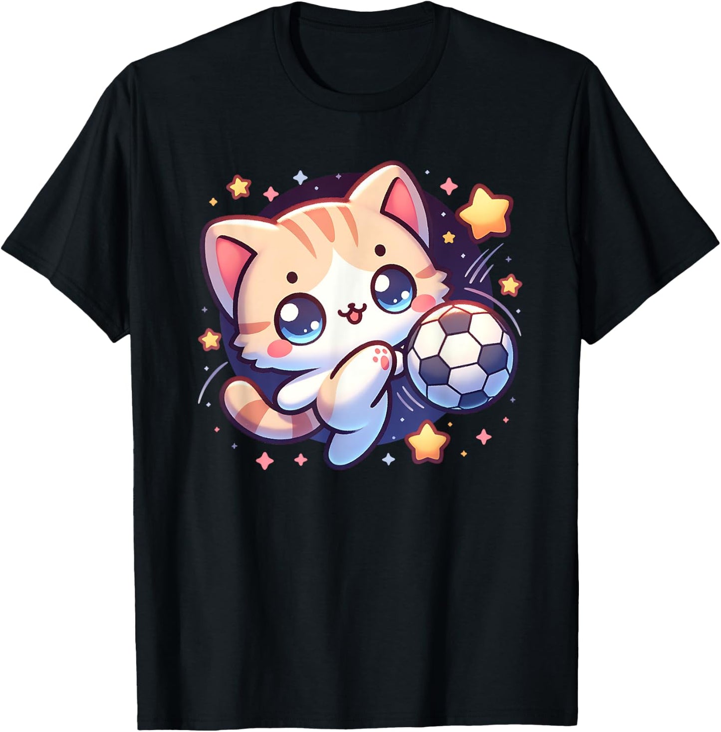 Cat Kitten Soccer Player Kicking Soccer Ball Cute Graphic Men Women Girls Kids T-Shirt - T-Shirt | Black