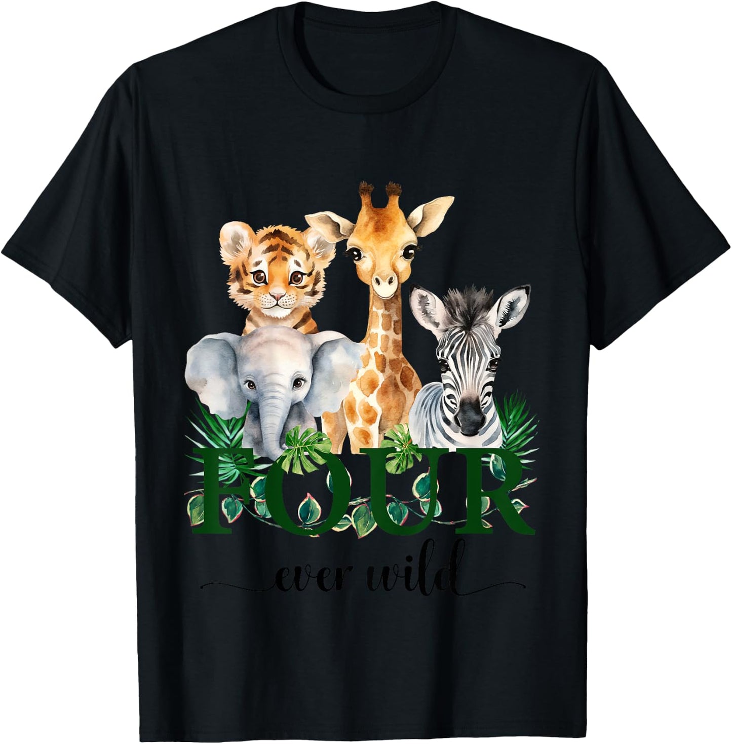 Kids Jungle Birthday Four Ever Wild Zoo Safari Party 4th Animals T-Shirt - T-Shirt | Black