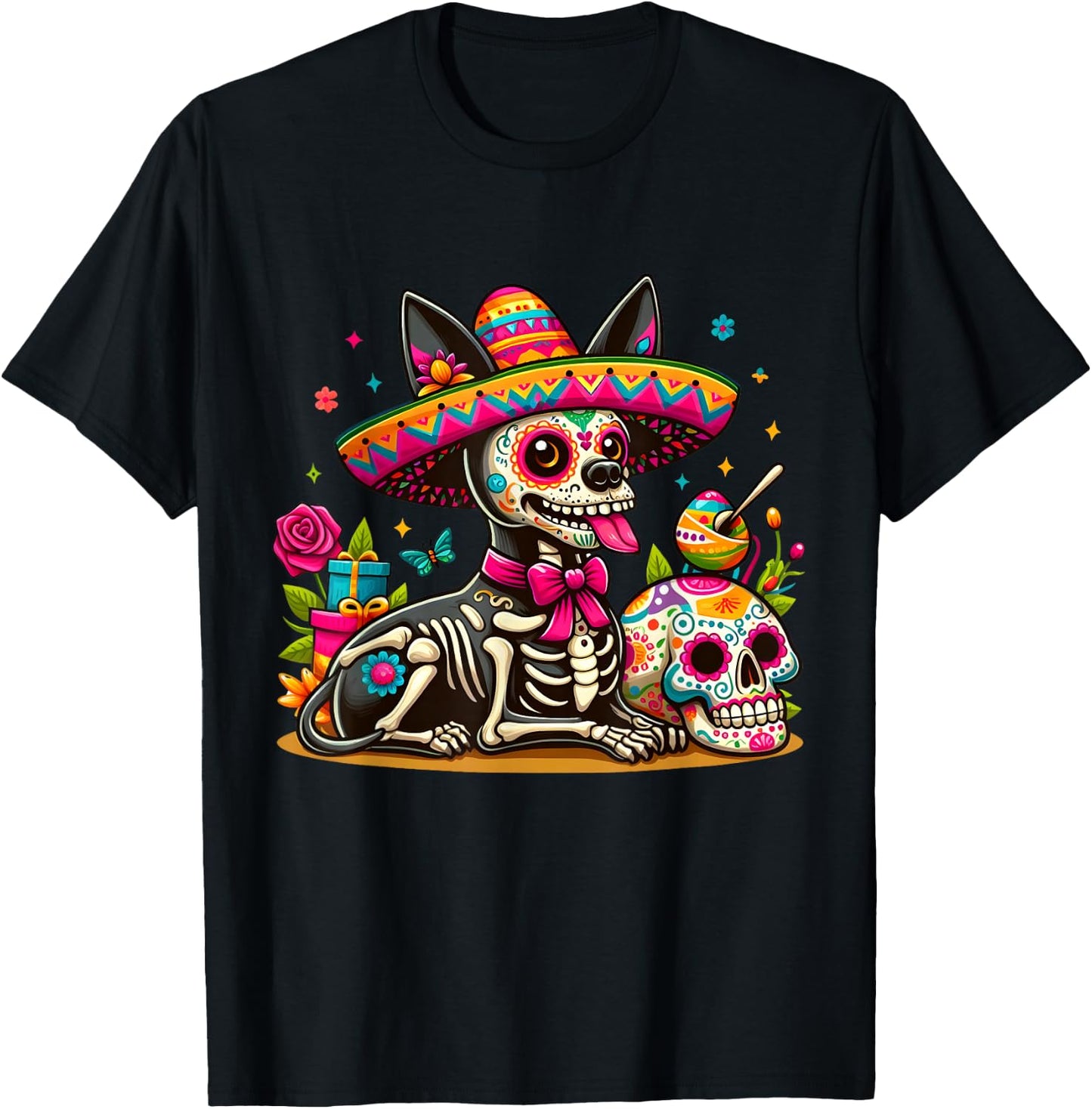 Cinco De Mayo Sugar Skull Xoloitzcuintli Dog Sombrero T-Shirt - T-Shirt | Black