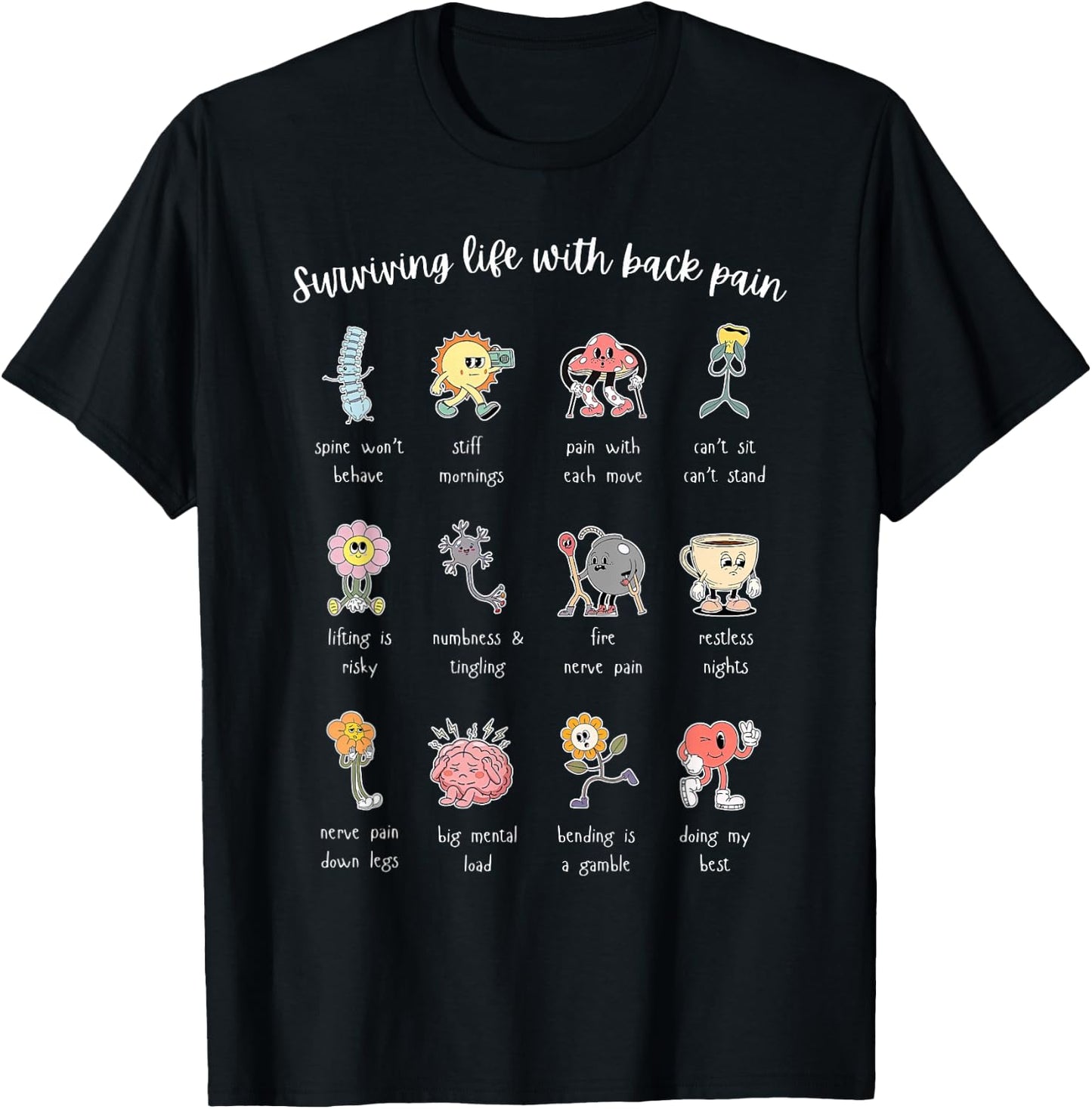 Surviving Life with Back Pain Cute Pain Anatomy Illustration T-Shirt - T-Shirt | Black