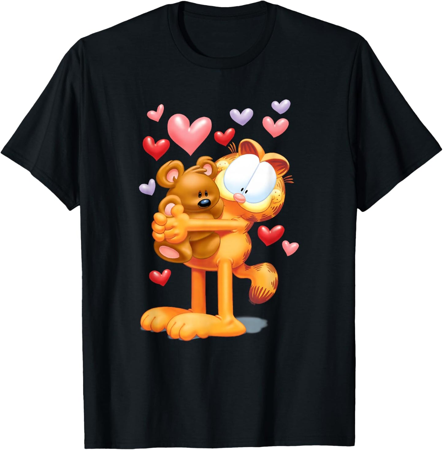 Garfield Hugging Pooky Hearts 3D Valentine's Day Cartoon Cat T-Shirt - T-Shirt | Black